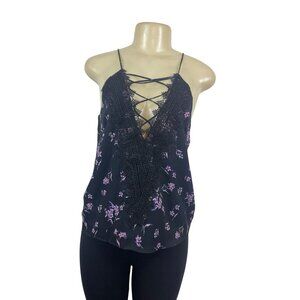 Wayf Womens Black Dainty Lace-Up Top With Floral Pattern Sz S - New